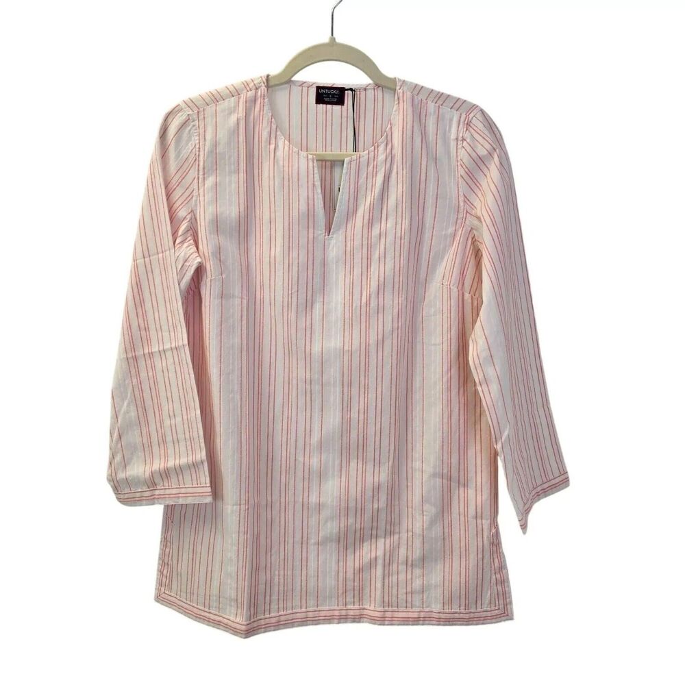 UnTuckIt Womens Shirt Size 6 Pink White Strip Pull Over Long Sleeve V Neck